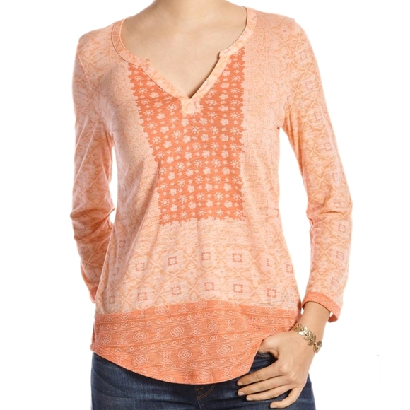 Lucky Brand Tops - SOLD Lucky Brand Sz L Coral Bracelet Sleeve Placed Scarf Top Blouse Bohemian